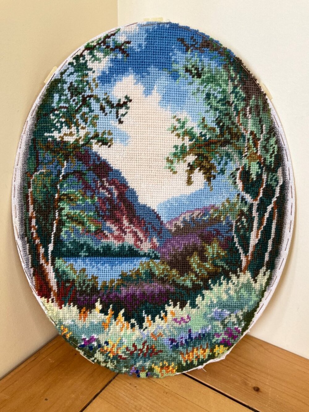 Summer Mountain Meadow Landscape Completed Needlepoint Vintage Hand Embroidery